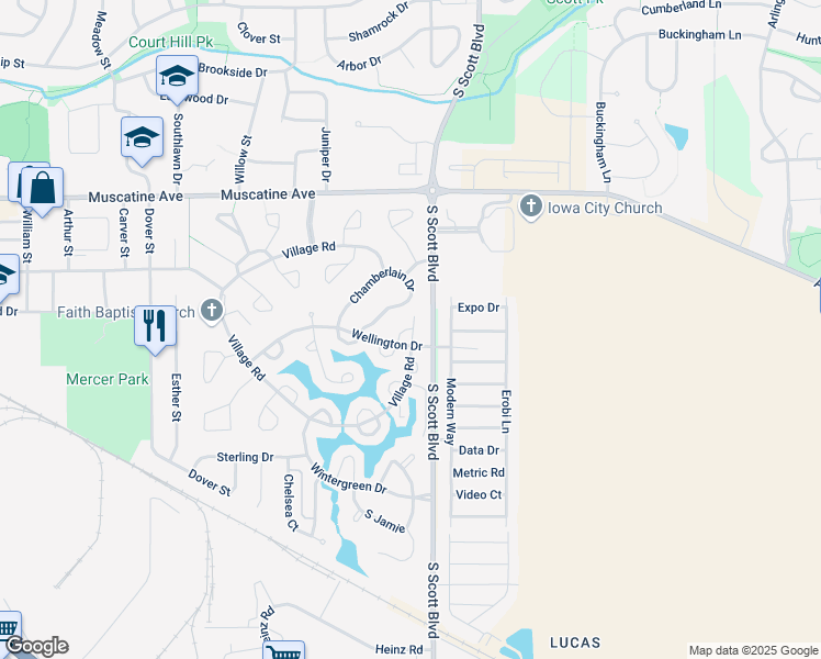 map of restaurants, bars, coffee shops, grocery stores, and more near 20 Willoughby Lane in Iowa City