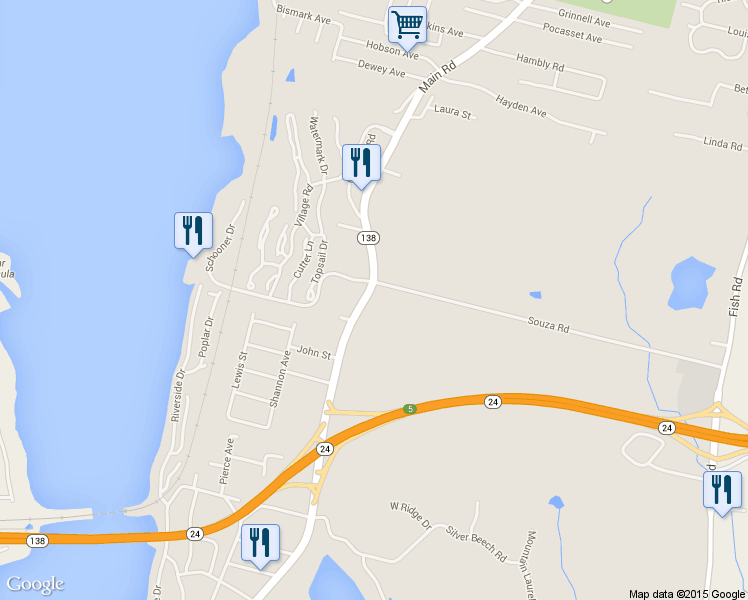 map of restaurants, bars, coffee shops, grocery stores, and more near 1082 Main Rd in Tiverton