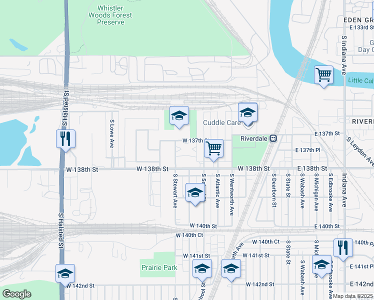 map of restaurants, bars, coffee shops, grocery stores, and more near 13703 South Stewart Avenue in Riverdale