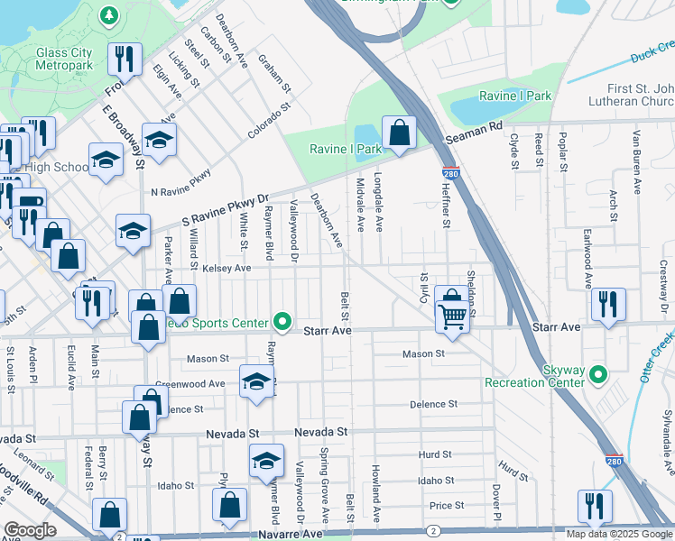 map of restaurants, bars, coffee shops, grocery stores, and more near 1721 Kelsey Avenue in Toledo