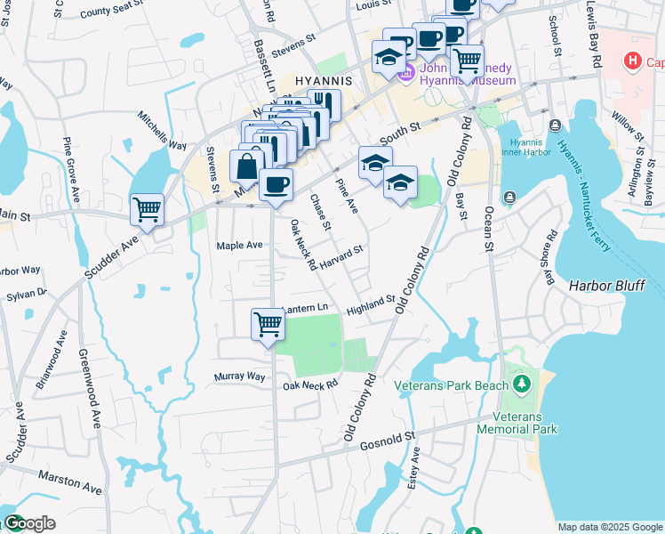map of restaurants, bars, coffee shops, grocery stores, and more near 37 Harvard Street in Barnstable