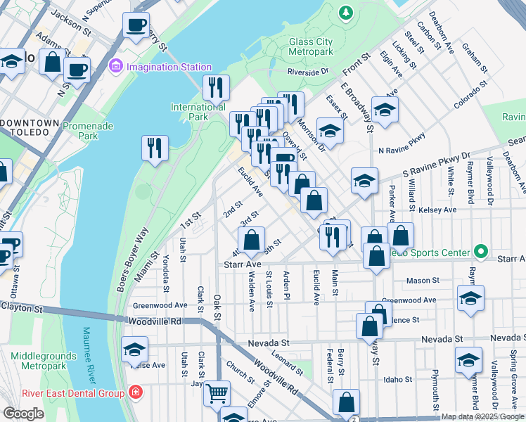 map of restaurants, bars, coffee shops, grocery stores, and more near 464 3rd Street in Toledo