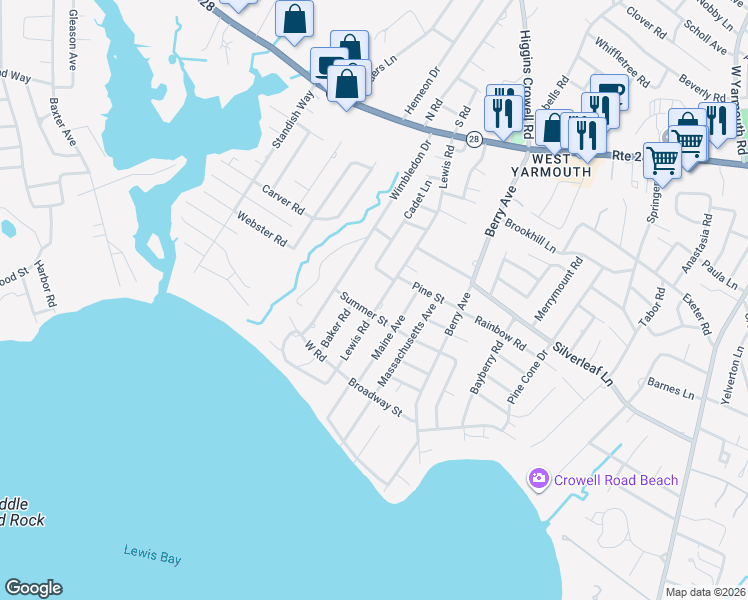 map of restaurants, bars, coffee shops, grocery stores, and more near 100 Lewis Road in Yarmouth