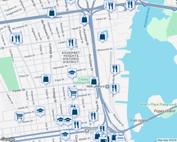 map of restaurants, bars, coffee shops, grocery stores, and more near 1211 Pleasant Street in New Bedford