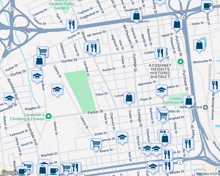 map of restaurants, bars, coffee shops, grocery stores, and more near 142 Shawmut Avenue in New Bedford