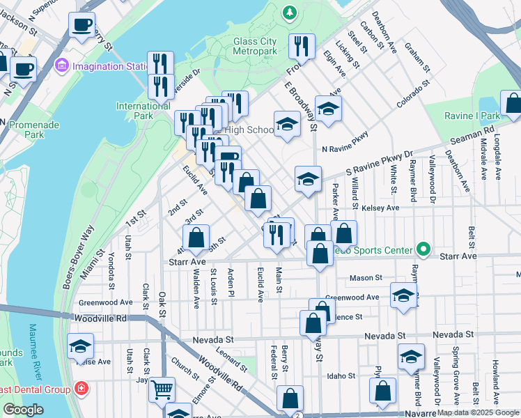 map of restaurants, bars, coffee shops, grocery stores, and more near 413 Main Street in Toledo