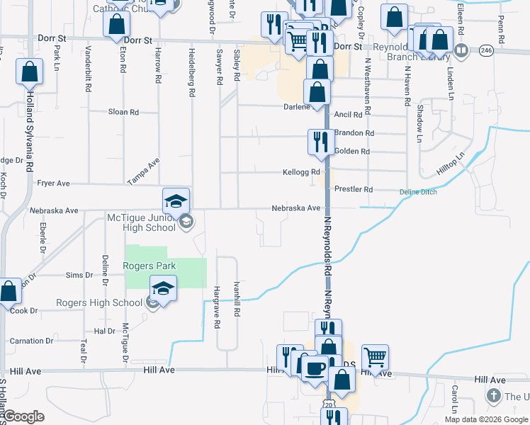 map of restaurants, bars, coffee shops, grocery stores, and more near in Toledo