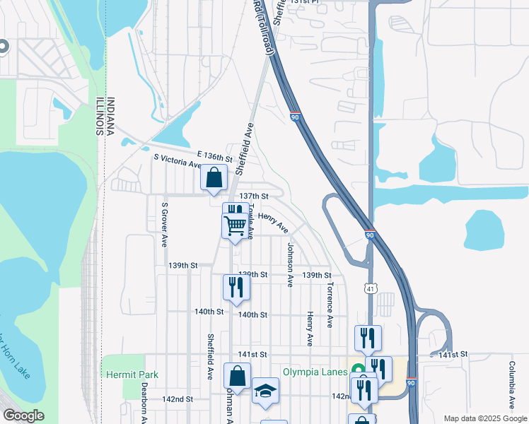 map of restaurants, bars, coffee shops, grocery stores, and more near 3712 Torrence Ave in Hammond