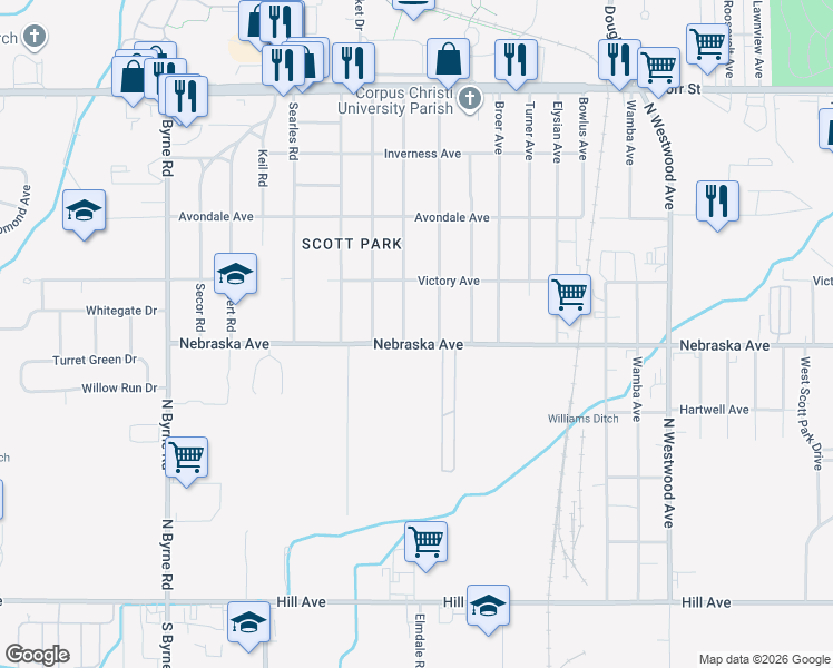 map of restaurants, bars, coffee shops, grocery stores, and more near 613 Brookley Boulevard in Toledo