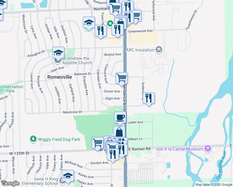 map of restaurants, bars, coffee shops, grocery stores, and more near 5 Dover Avenue in Romeoville