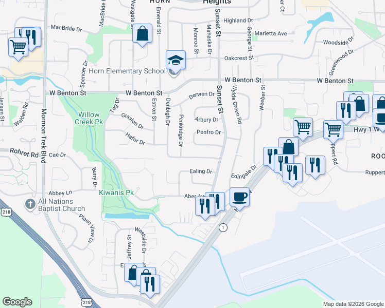map of restaurants, bars, coffee shops, grocery stores, and more near 48 Denbigh Drive in Iowa City