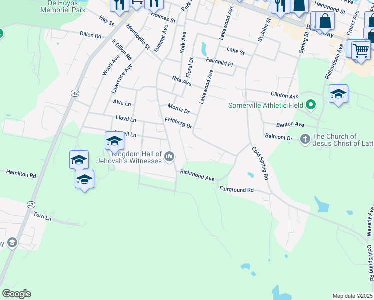 map of restaurants, bars, coffee shops, grocery stores, and more near 20 Edward Avenue in Monticello