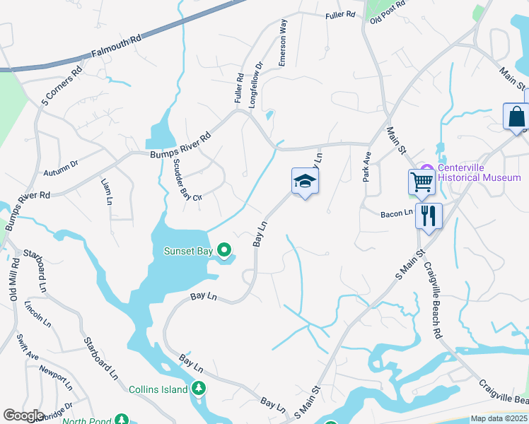 map of restaurants, bars, coffee shops, grocery stores, and more near 585 Bay Lane in Barnstable