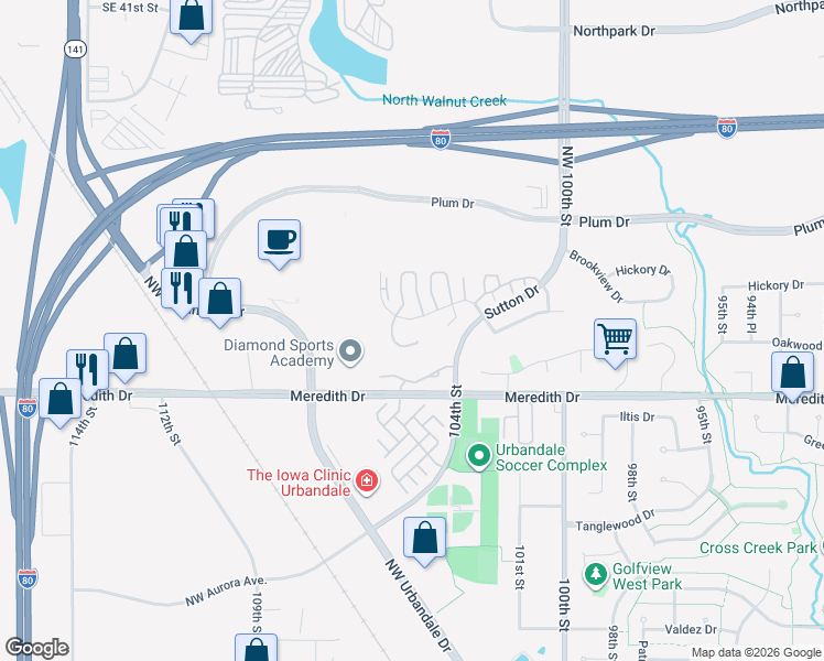 map of restaurants, bars, coffee shops, grocery stores, and more near 10615 Sharon Circle in Urbandale