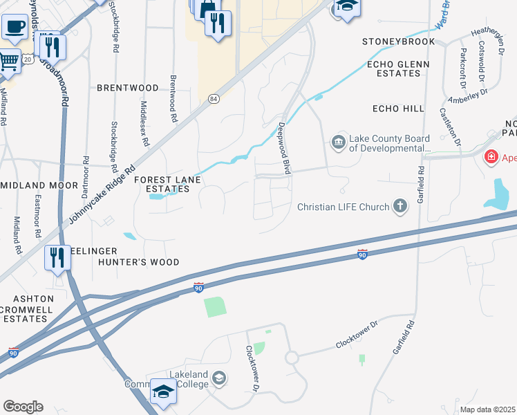 map of restaurants, bars, coffee shops, grocery stores, and more near 8264 Deepwood Boulevard in Mentor