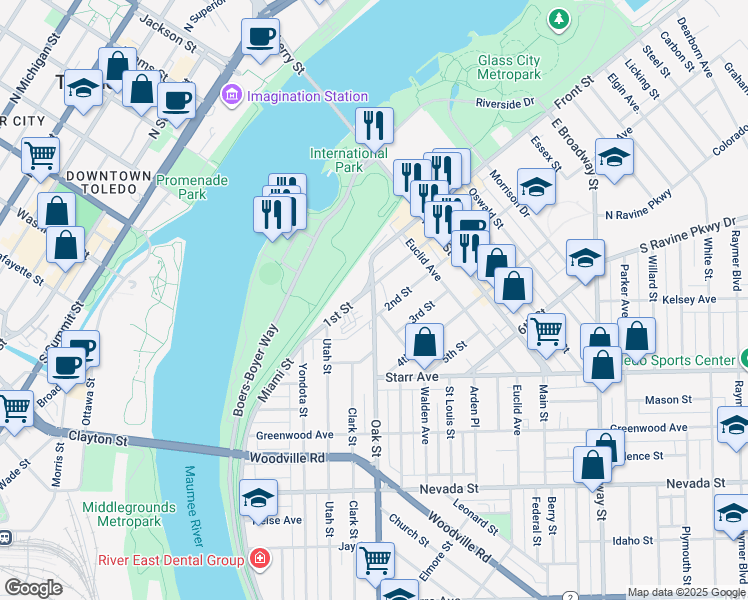map of restaurants, bars, coffee shops, grocery stores, and more near 332 1st Street in Toledo