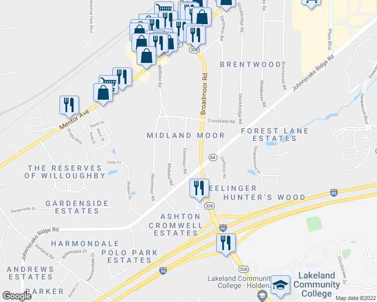 map of restaurants, bars, coffee shops, grocery stores, and more near 8267 Eastmoor Road in Mentor
