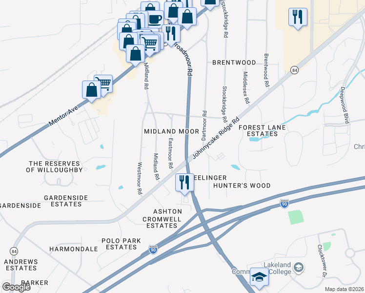 map of restaurants, bars, coffee shops, grocery stores, and more near 8267 Eastmoor Road in Mentor