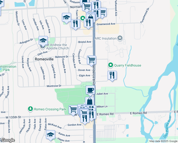map of restaurants, bars, coffee shops, grocery stores, and more near 5 Dover Avenue in Romeoville