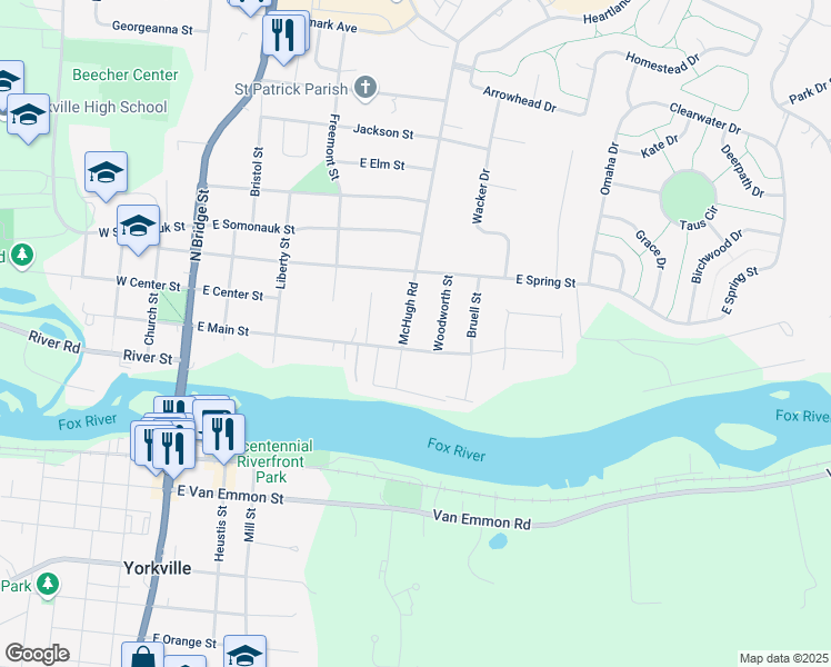 map of restaurants, bars, coffee shops, grocery stores, and more near 305 Woodworth Street in Yorkville