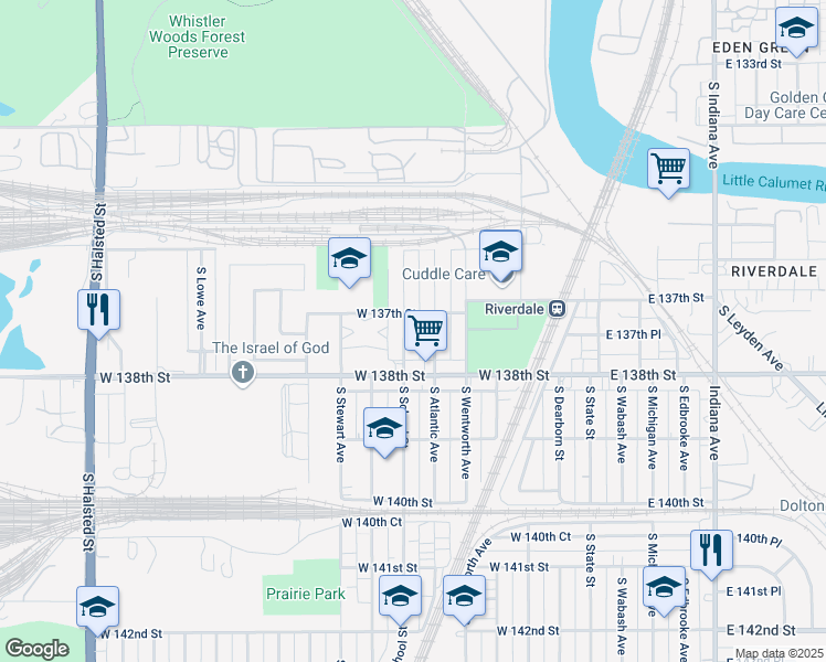 map of restaurants, bars, coffee shops, grocery stores, and more near 13707 South School Street in Chicago