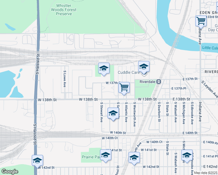 map of restaurants, bars, coffee shops, grocery stores, and more near 13717 South Stewart Avenue in Riverdale