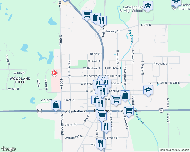 map of restaurants, bars, coffee shops, grocery stores, and more near 198 W Factory St in LaGrange