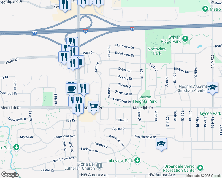 map of restaurants, bars, coffee shops, grocery stores, and more near 8221 Oakwood Drive in Urbandale