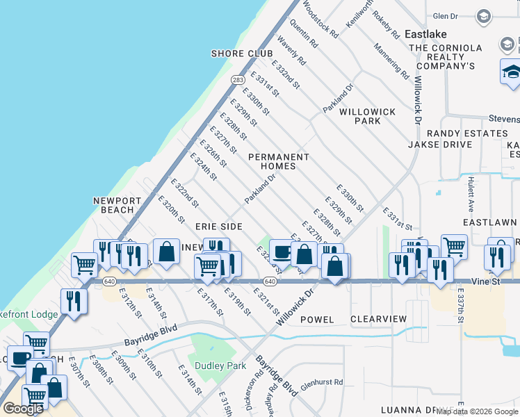 map of restaurants, bars, coffee shops, grocery stores, and more near 368 E 326th St in Willowick