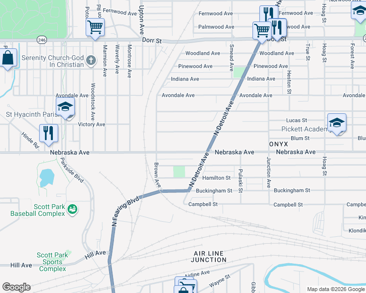map of restaurants, bars, coffee shops, grocery stores, and more near 1650 Nebraska Avenue in Toledo