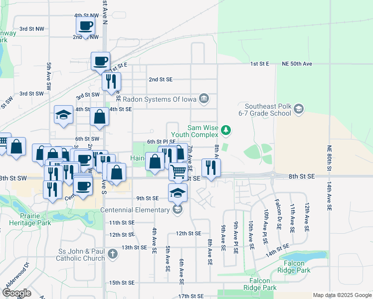 map of restaurants, bars, coffee shops, grocery stores, and more near 604 7th Avenue Southeast in Altoona