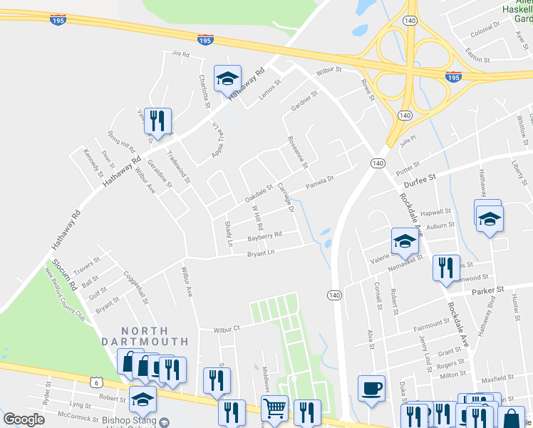 map of restaurants, bars, coffee shops, grocery stores, and more near 57 Cherry Tree Lane in New Bedford