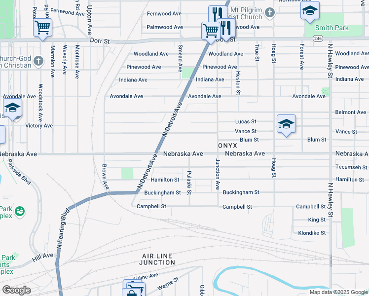map of restaurants, bars, coffee shops, grocery stores, and more near 1510 Nebraska Avenue in Toledo