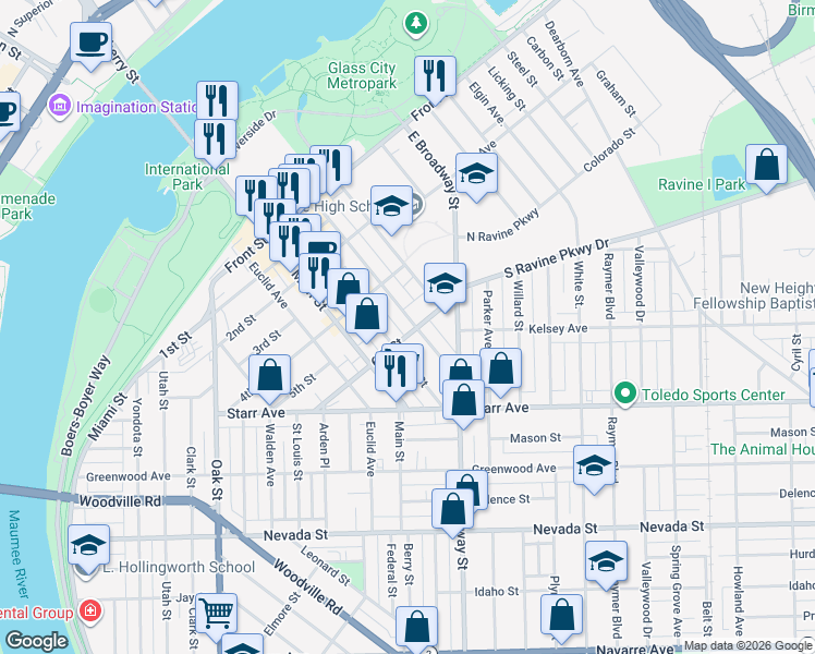 map of restaurants, bars, coffee shops, grocery stores, and more near 522 Oswald Street in Toledo
