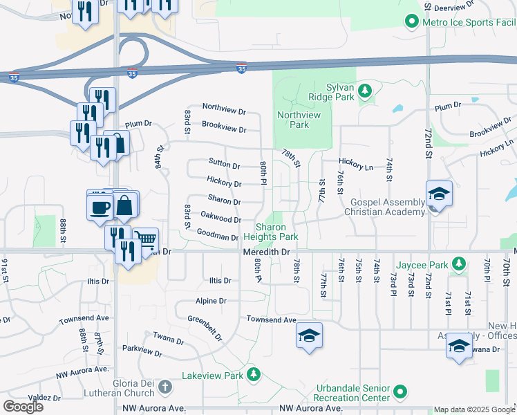 map of restaurants, bars, coffee shops, grocery stores, and more near 8000 Sharon Drive in Urbandale