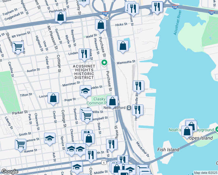 map of restaurants, bars, coffee shops, grocery stores, and more near 1538-1540 Purchase Street in New Bedford