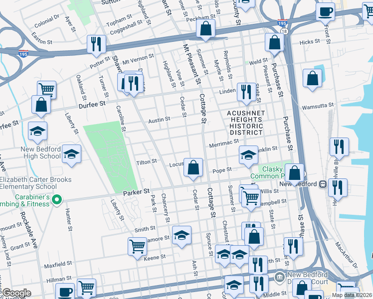 map of restaurants, bars, coffee shops, grocery stores, and more near 332 Cedar Street in New Bedford