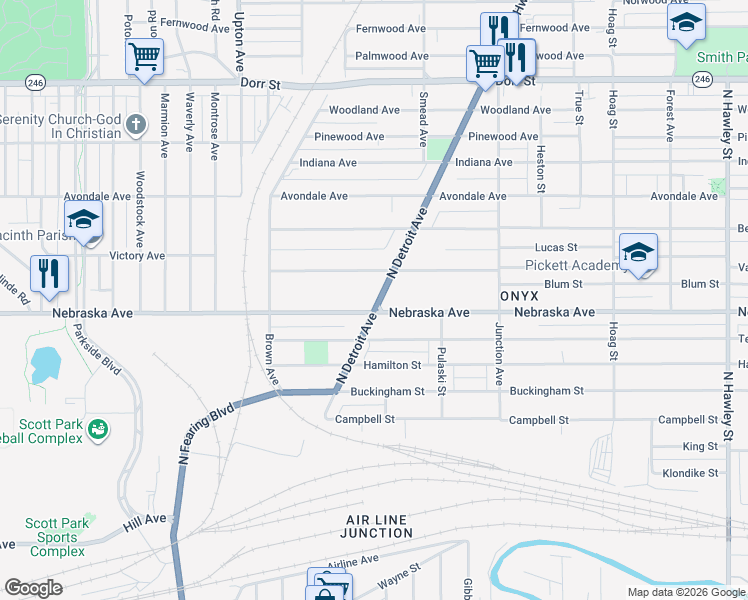 map of restaurants, bars, coffee shops, grocery stores, and more near 615 North Detroit Avenue in Toledo