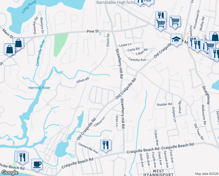 map of restaurants, bars, coffee shops, grocery stores, and more near 56 Farm Hill Road in Barnstable
