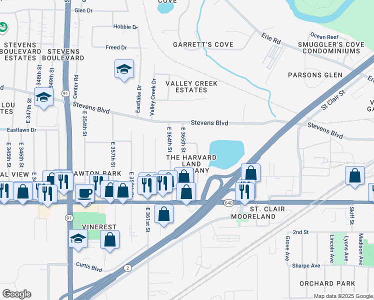 map of restaurants, bars, coffee shops, grocery stores, and more near 3819 East 365th Street in Willoughby