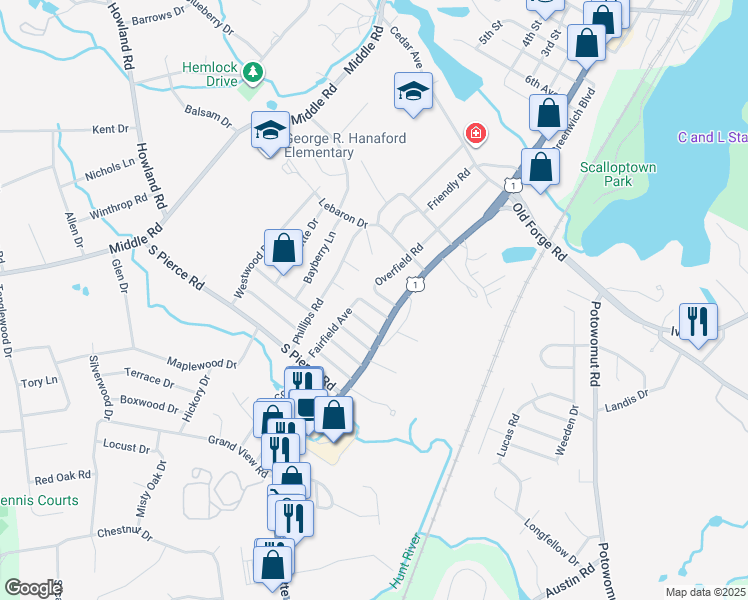 map of restaurants, bars, coffee shops, grocery stores, and more near 167 Overfield Road in East Greenwich