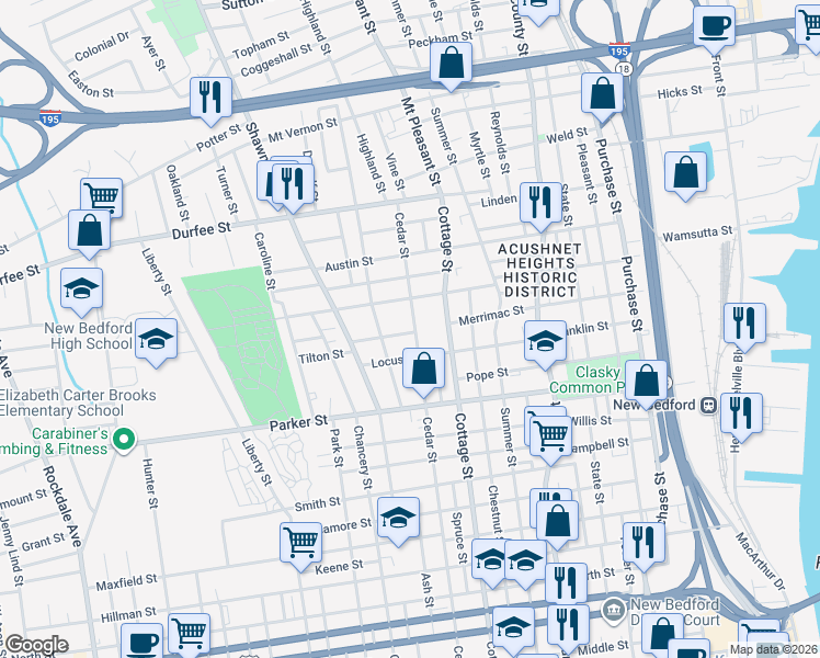 map of restaurants, bars, coffee shops, grocery stores, and more near 332 Cedar Street in New Bedford