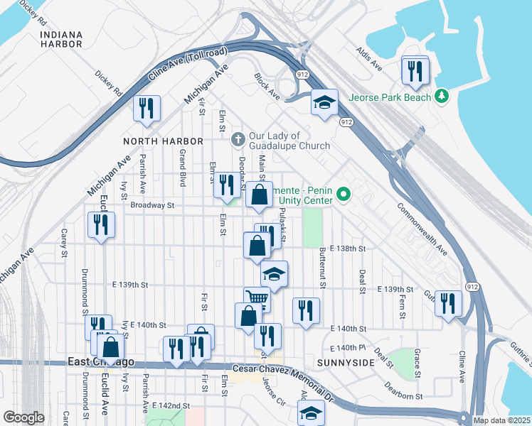 map of restaurants, bars, coffee shops, grocery stores, and more near 3634 Main Street in East Chicago