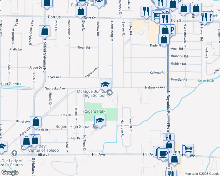 map of restaurants, bars, coffee shops, grocery stores, and more near 5555 Nebraska Avenue in Toledo