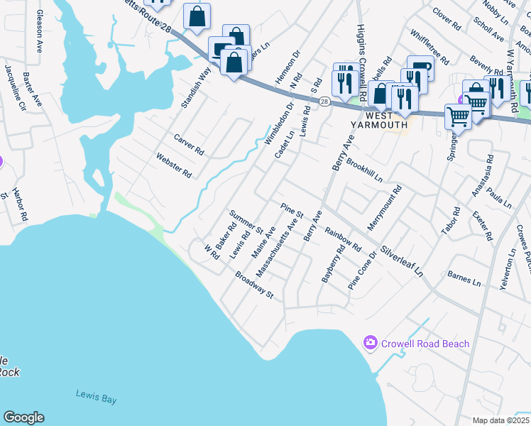map of restaurants, bars, coffee shops, grocery stores, and more near 100 Lewis Road in Yarmouth