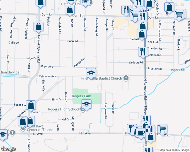 map of restaurants, bars, coffee shops, grocery stores, and more near 5555 Nebraska Avenue in Toledo