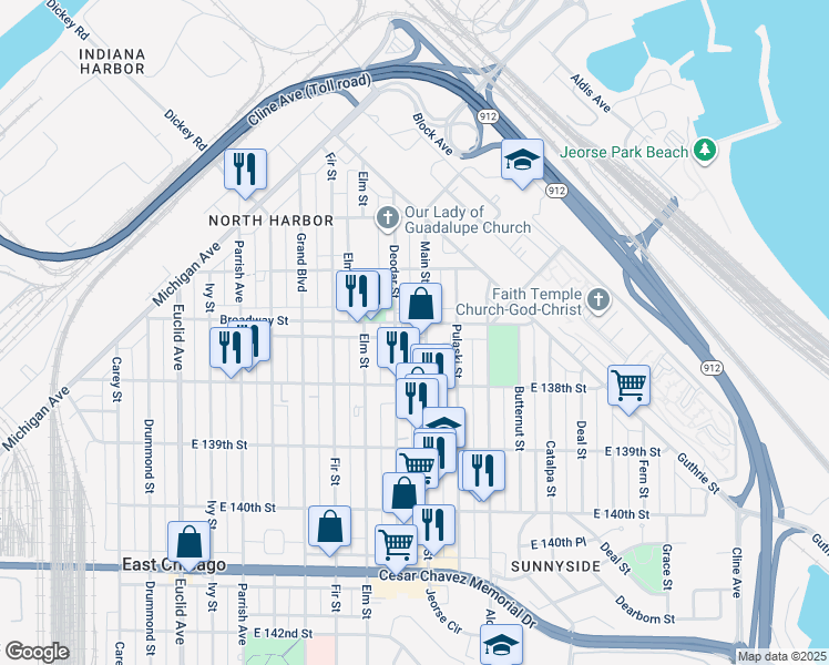 map of restaurants, bars, coffee shops, grocery stores, and more near 2113 Broadway Street in East Chicago