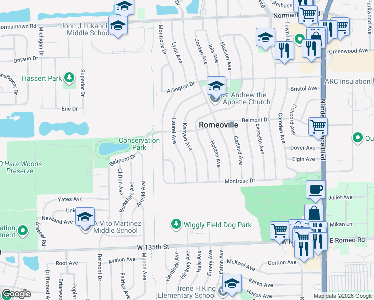 map of restaurants, bars, coffee shops, grocery stores, and more near 424 Kenyon Avenue in Romeoville