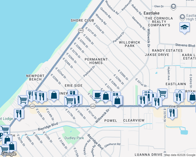 map of restaurants, bars, coffee shops, grocery stores, and more near 392 East 327th Street in Willowick
