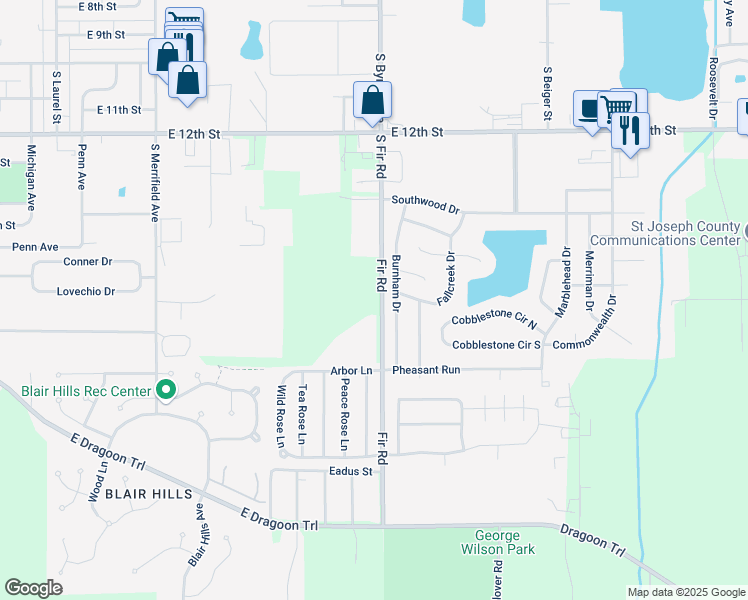 map of restaurants, bars, coffee shops, grocery stores, and more near 58391 Fir Road in Mishawaka
